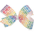 Medium bright peace sign print bow with white wrap.