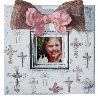 Crosses -12x12 white distressed frame with 4x4 opening, several crosses, crystals. Available in Blue crystals and ribbon