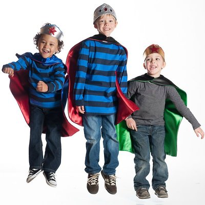Our new reversible Super Cape is made from top quality washable poly satin, velcros at neck  for easy wear. and safer adventures